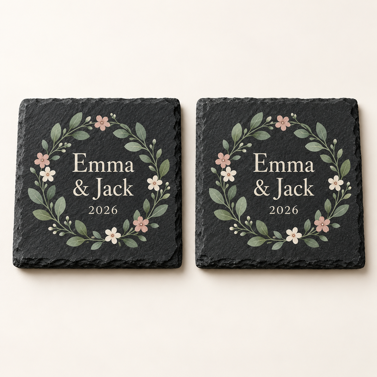 Digital product mockup of personalised new home slate coasters, full colour housewarming gift with names and date, hero.