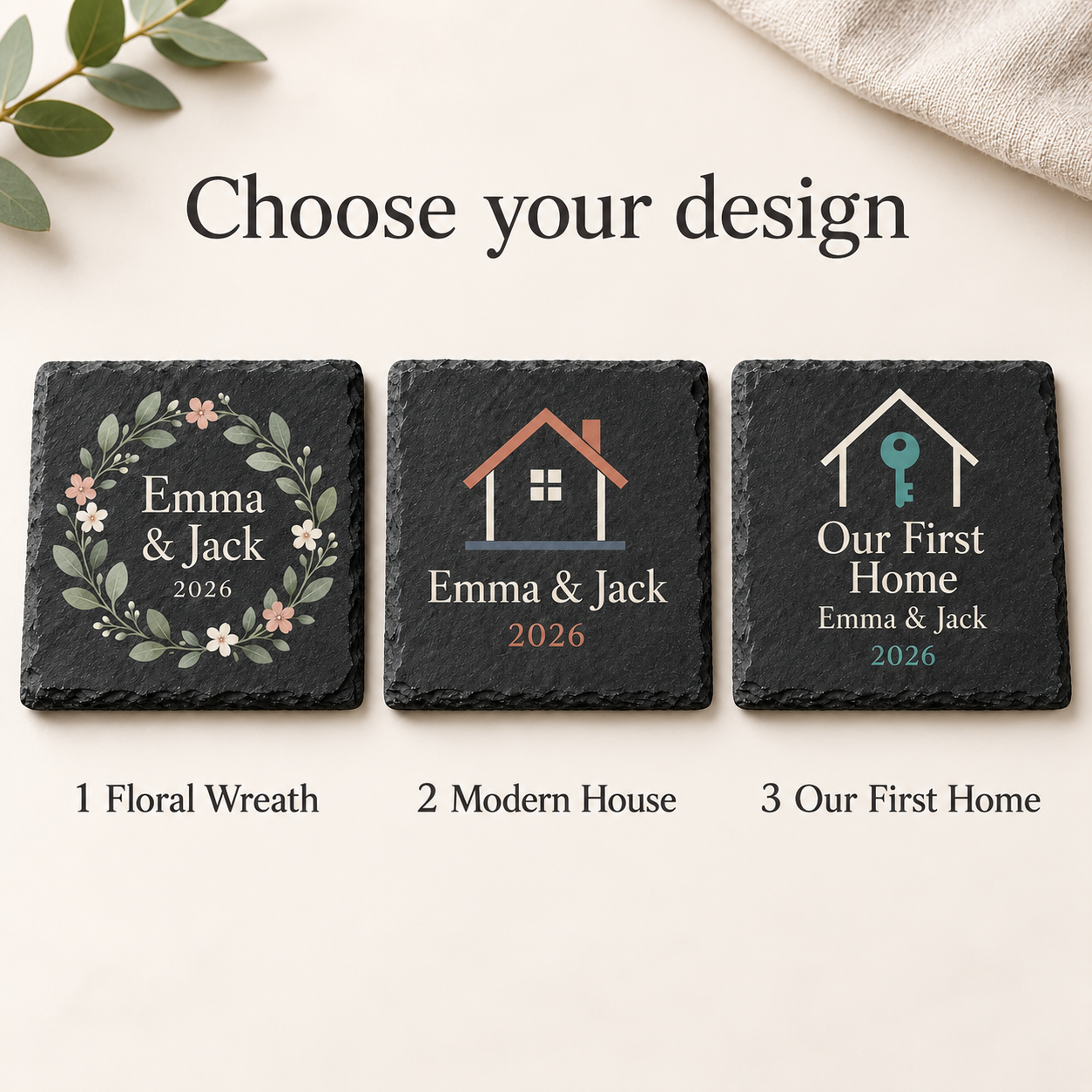 Digital product mockup of personalised new home slate coasters, full colour housewarming gift with names and date, design choices.