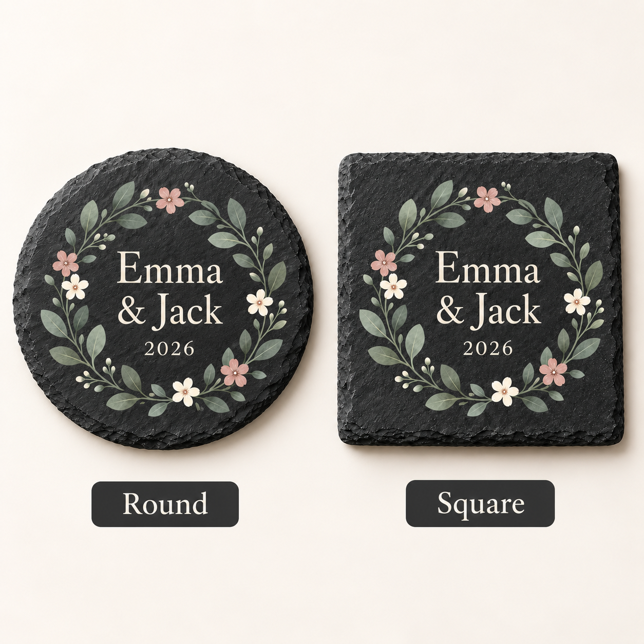 Digital product mockup of personalised new home slate coasters, full colour housewarming gift with names and date, round square.