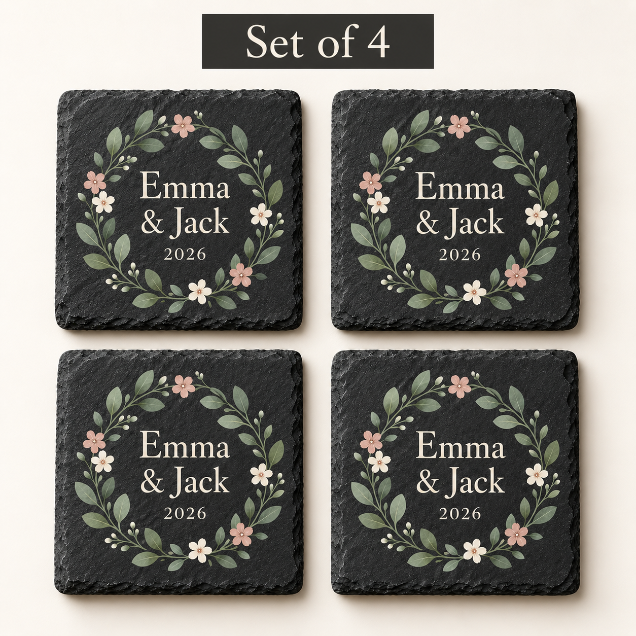 Digital product mockup of personalised new home slate coasters, full colour housewarming gift with names and date, set of four.