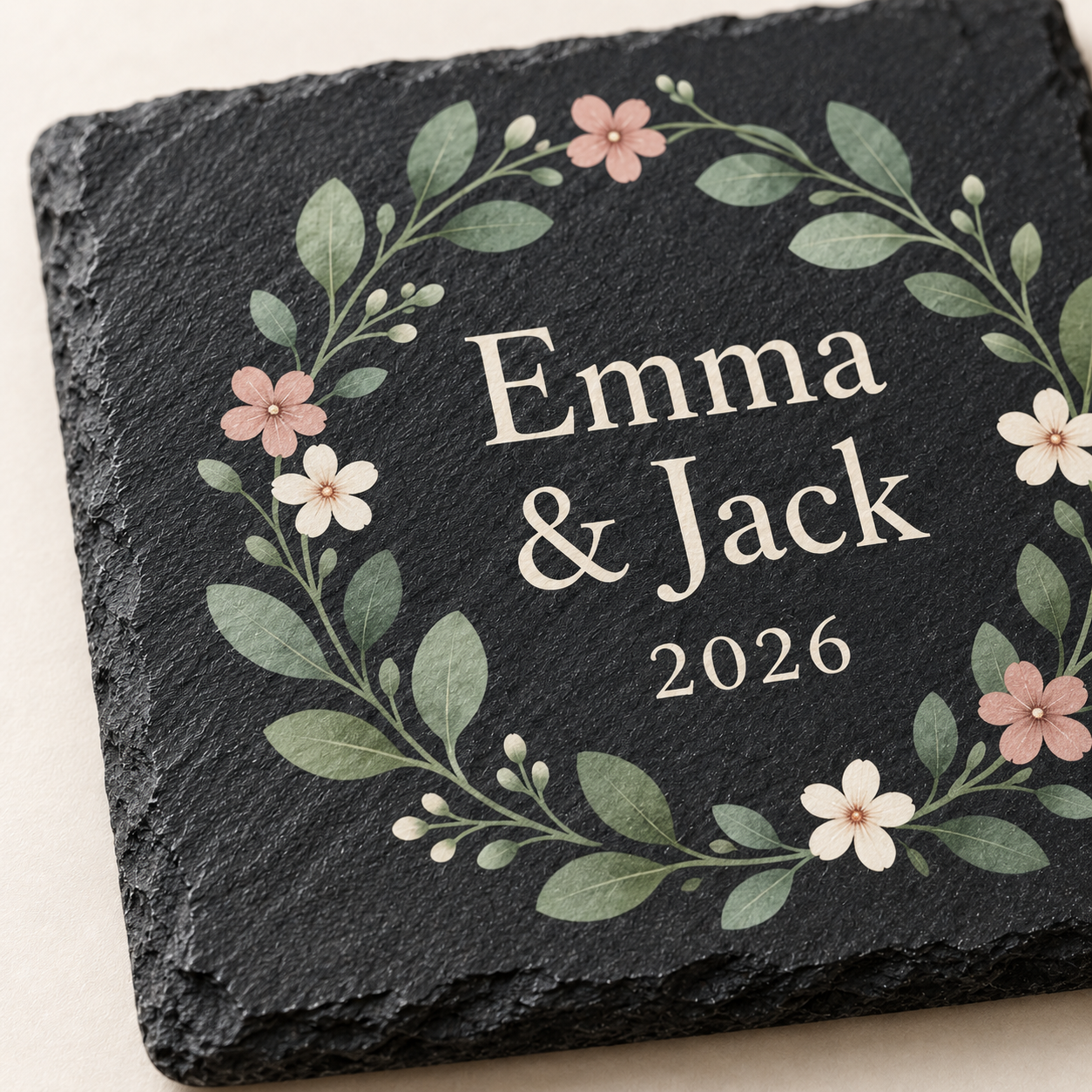 Digital product mockup of personalised new home slate coasters, full colour housewarming gift with names and date, print detail.
