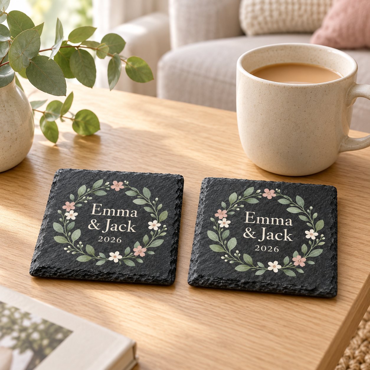 Digital product mockup of personalised new home slate coasters, full colour housewarming gift with names and date, new home table.