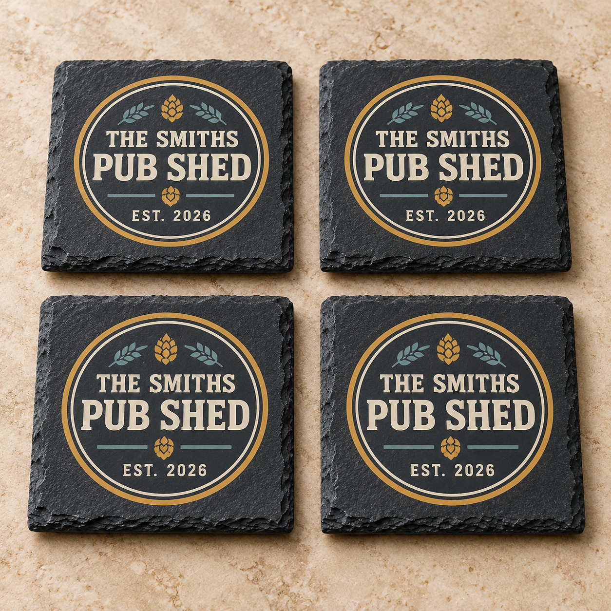 Digital product mockup of personalised home bar slate coasters, full colour man cave and pub shed gift, hero.