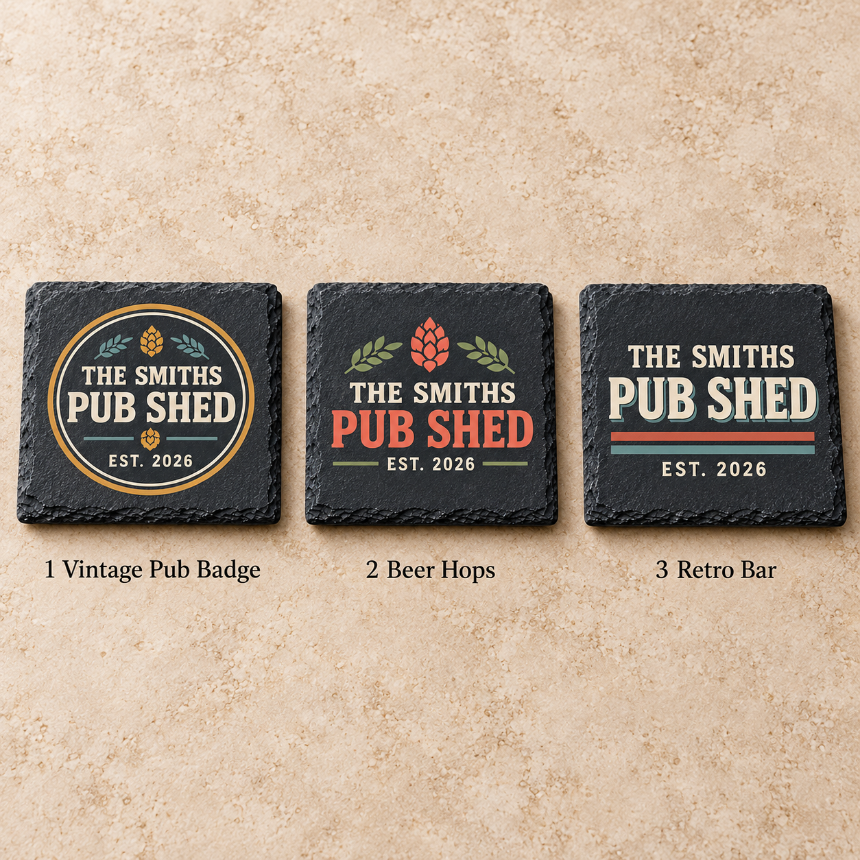 Digital product mockup of personalised home bar slate coasters, full colour man cave and pub shed gift, design choices.