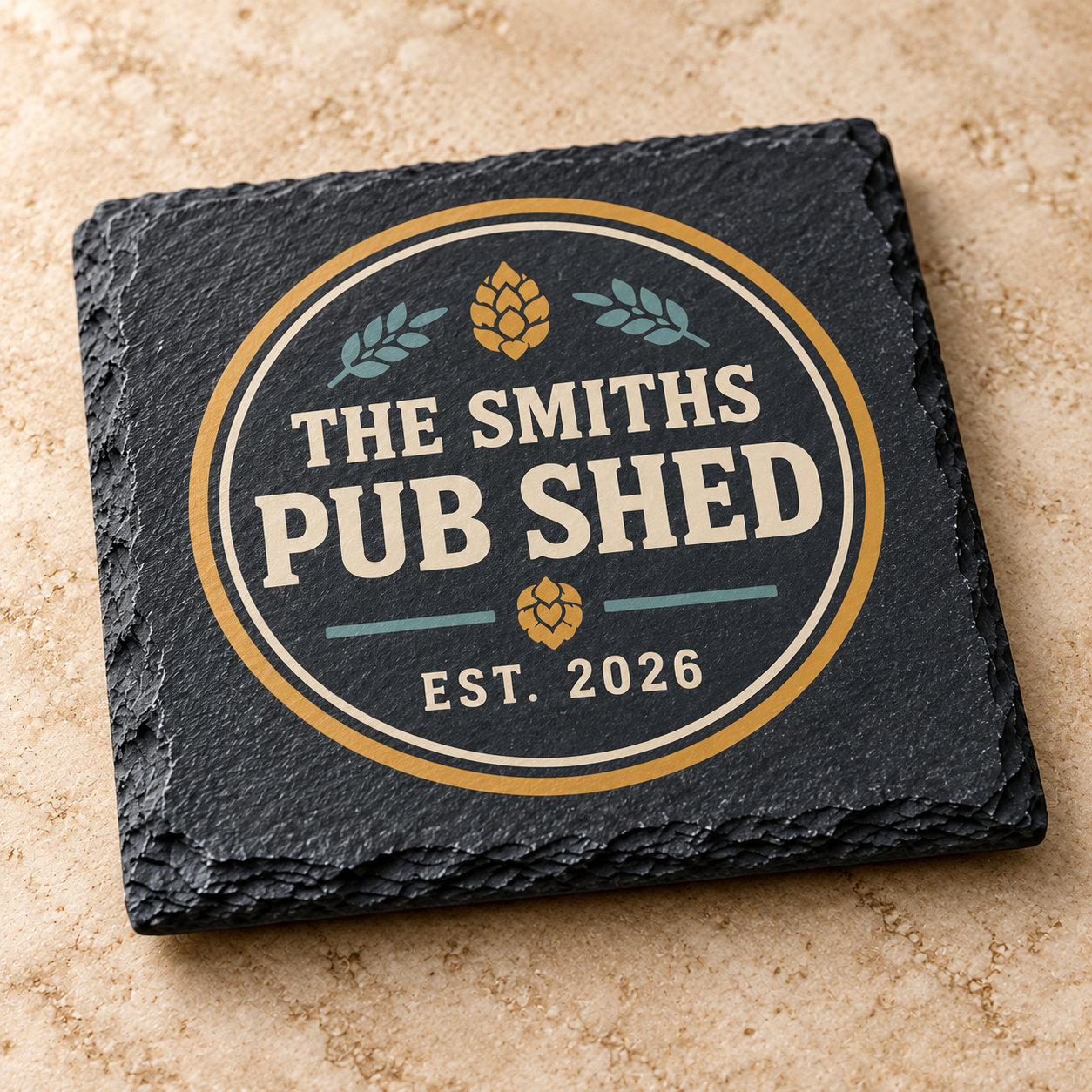 Digital product mockup of personalised home bar slate coasters, full colour man cave and pub shed gift, print detail.