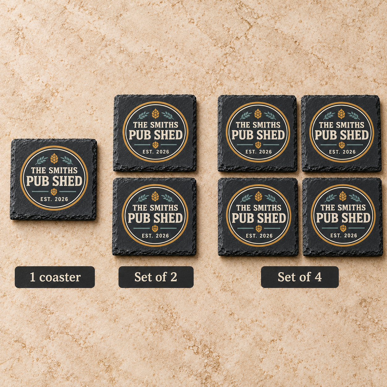 Digital product mockup of personalised home bar slate coasters, full colour man cave and pub shed gift, quantity options.