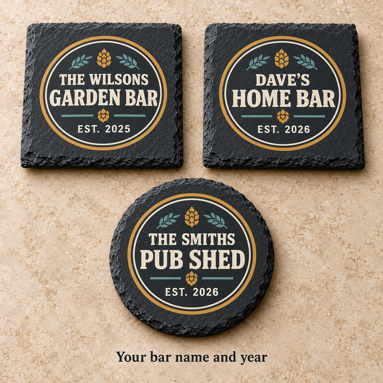 Digital product mockup of personalised home bar slate coasters, full colour man cave and pub shed gift, personalisation examples.