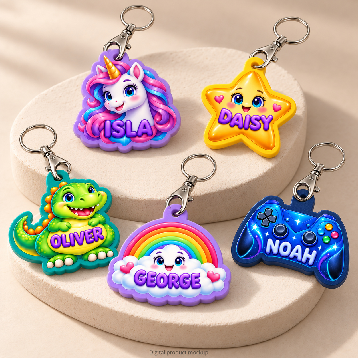 Digital studio mockup of rainbow cloud GEORGE, dinosaur OLIVER, controller NOAH, unicorn ISLA and star DAISY keyrings on cream plinths. Each has a silver-tone lobster clasp through its tab and a round split ring at the swivel end.