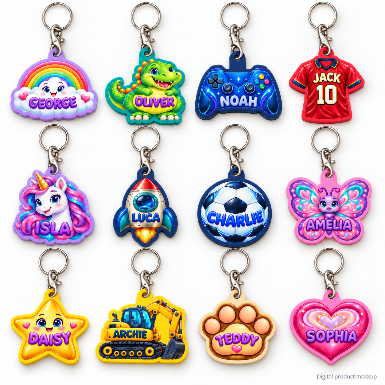 Digital mockup of all 12 colourful personalised illustrated keyring designs on white. Each has a silver-tone lobster clasp through its hanging tab and a round split ring at the swivel end.
