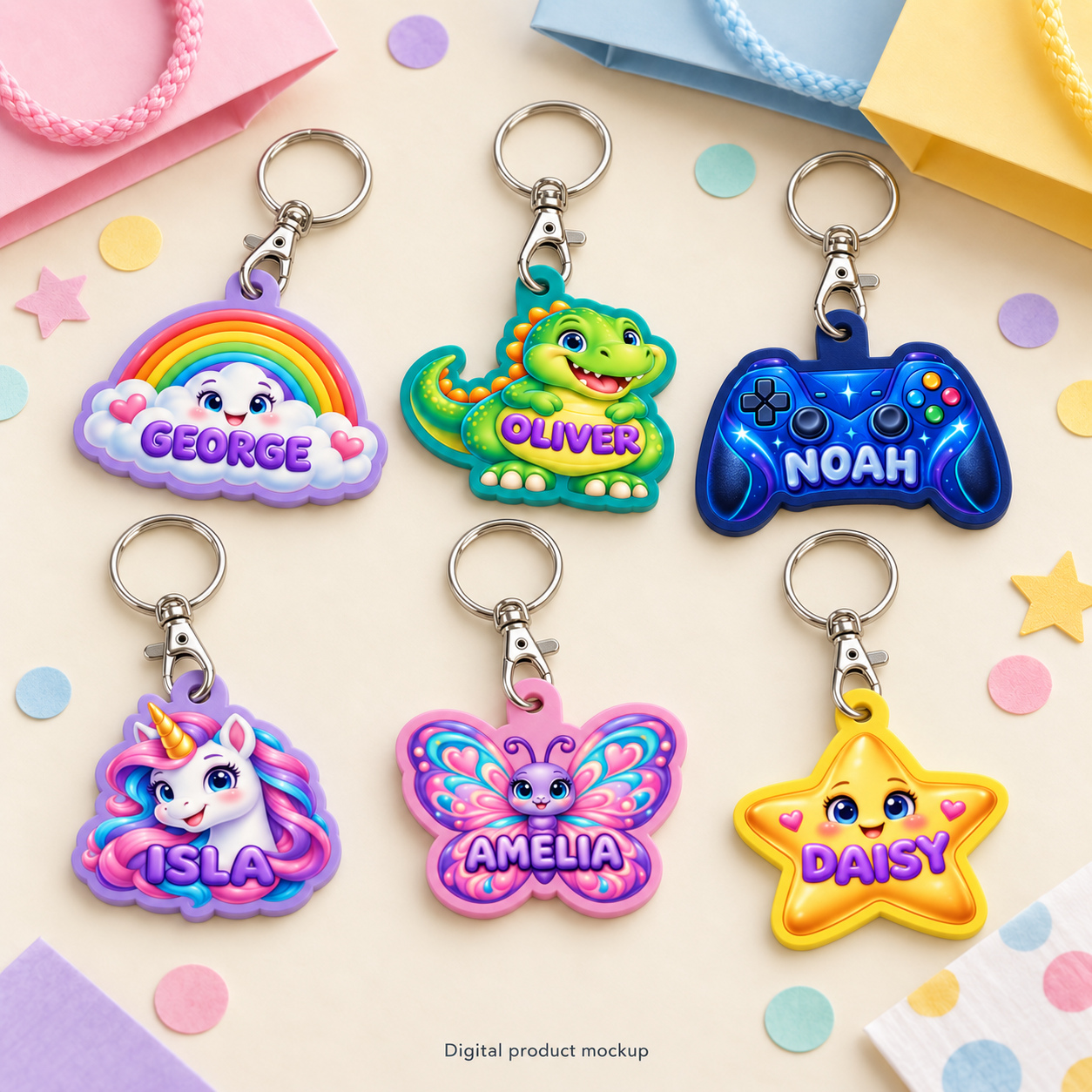 Digital mockup of six personalised keyrings named GEORGE, OLIVER, NOAH, ISLA, AMELIA and DAISY, beside pastel party bags and confetti. Each has a lobster clasp and round split ring. Individual options are shown.