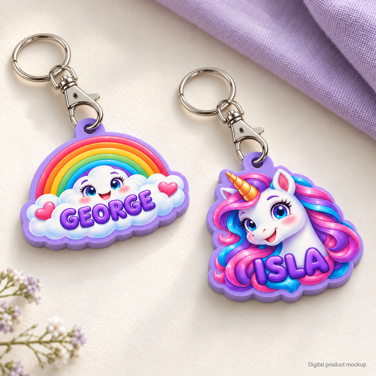 Digital mockup of rainbow cloud GEORGE and unicorn ISLA keyrings with purple bases on cream linen beside lavender fabric. Lobster-clasp jaws pass through the tabs, with round split rings at their swivel ends.
