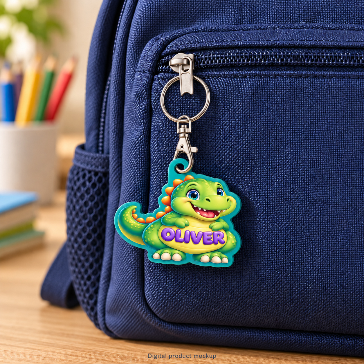 Digital mockup of dinosaur OLIVER on a turquoise base hanging from a navy backpack zip. A lobster-clasp jaw passes through the tag tab; a round split ring connects the swivel end to the zip.