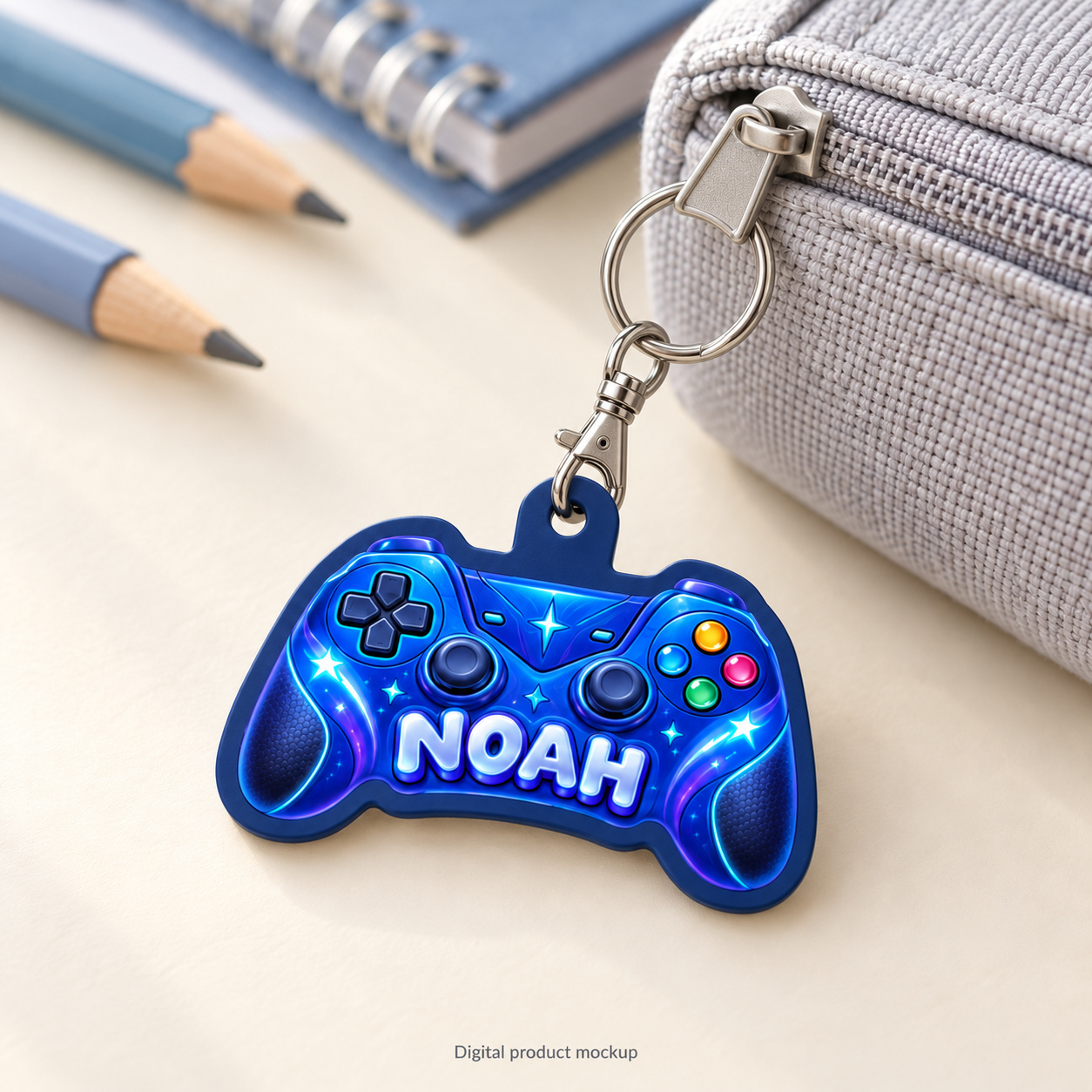Digital mockup of controller NOAH on a dark blue base beside a grey pencil case and blue pencils. A lobster-clasp jaw passes through the tag tab, with a round split ring at its swivel end.