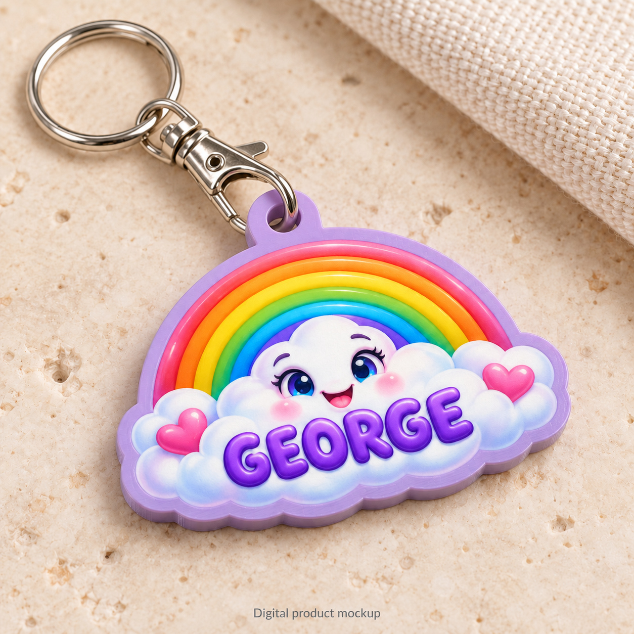 Digital close-up mockup of rainbow cloud GEORGE on pale stone, with a purple PLA-style edge. A silver-tone lobster-clasp jaw passes through the tab, with a round split ring at the swivel end.