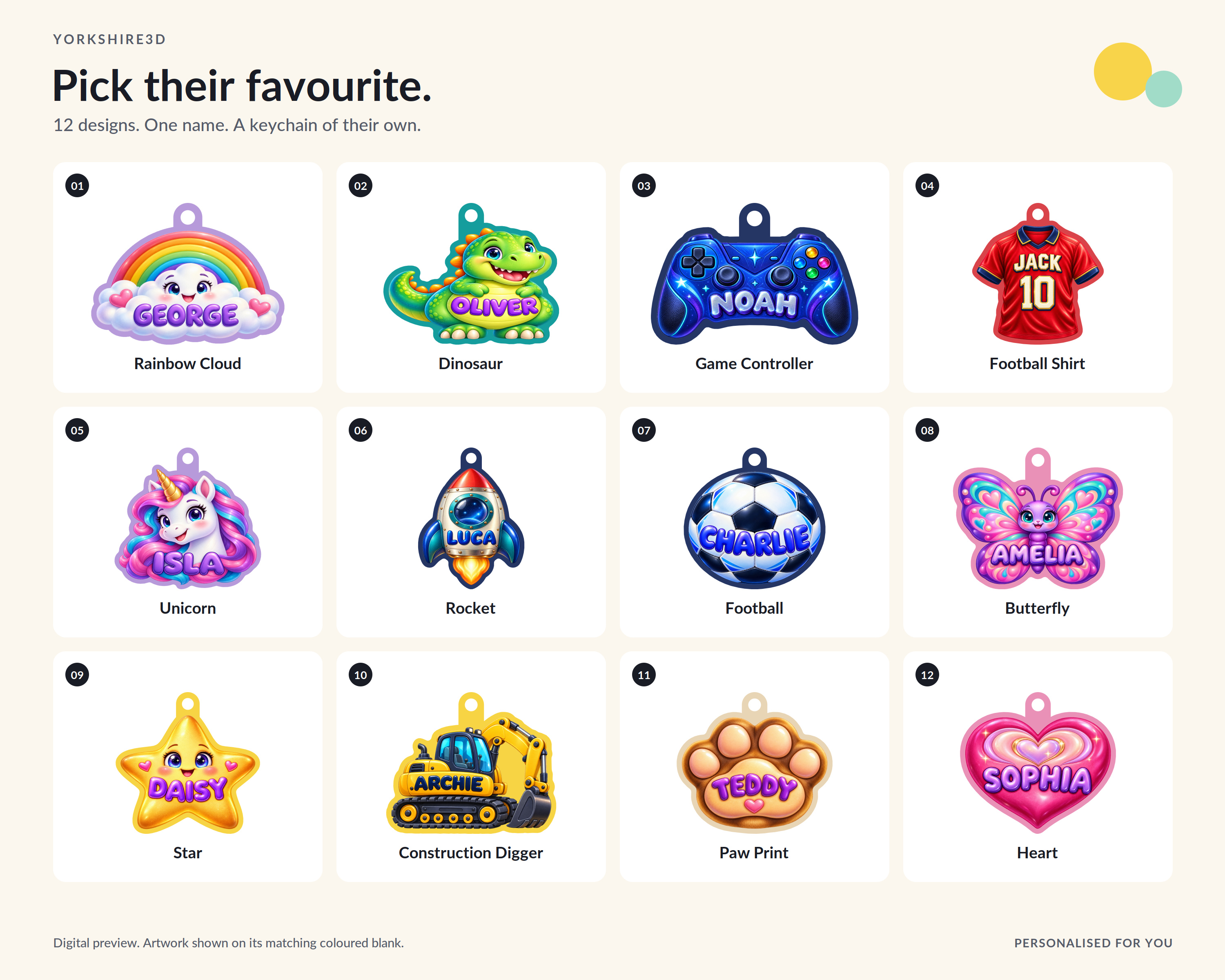 Digital design guide with 12 numbered personalised keyring previews: rainbow cloud, dinosaur, game controller, football shirt, unicorn, rocket, football, butterfly, star, construction digger, paw print and heart.
