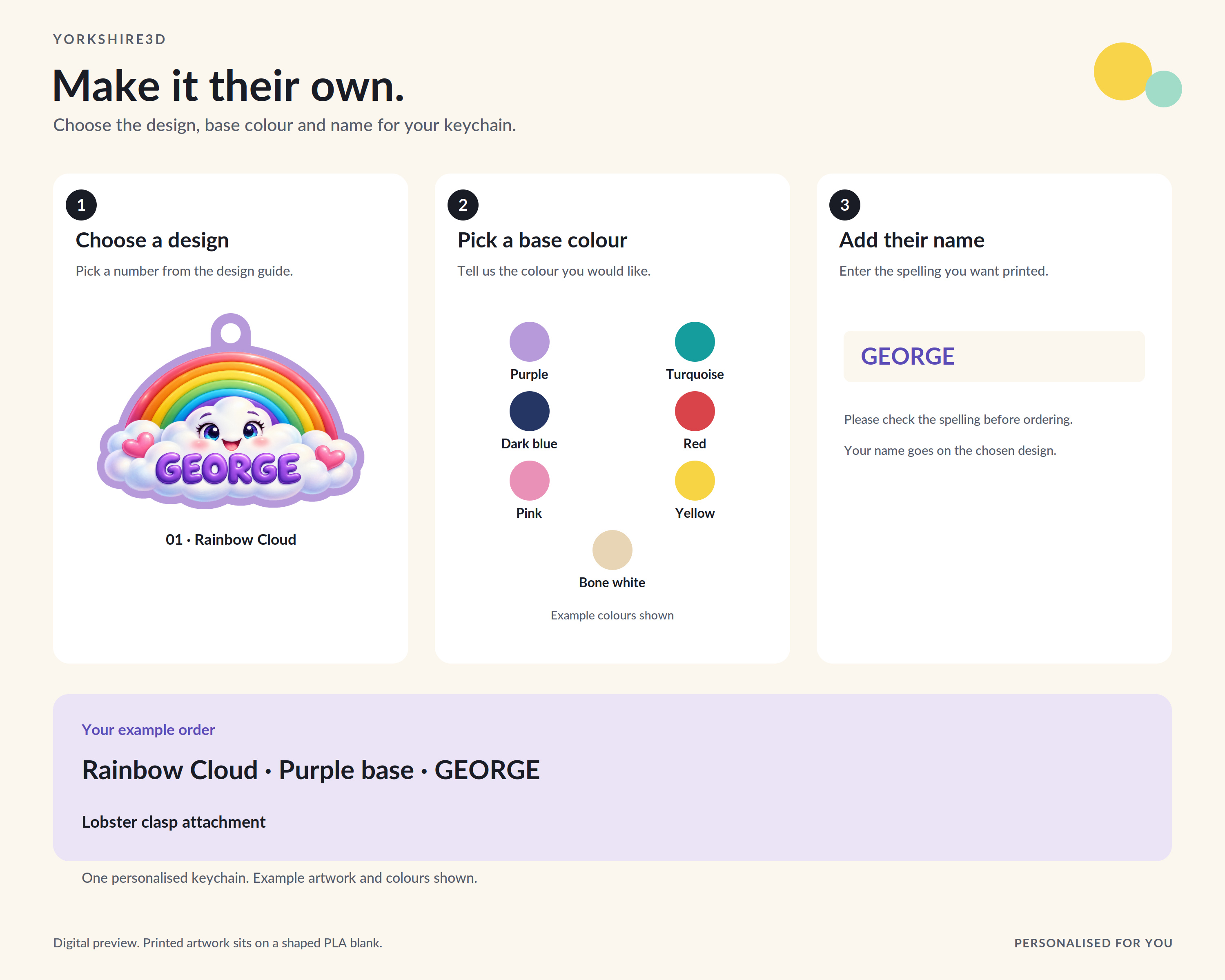 Digital ordering guide: choose one of 12 designs, pick a base colour and enter one name. Example order is Rainbow Cloud, Purple base, GEORGE, with lobster clasp attachment. Seven example base colours are shown.