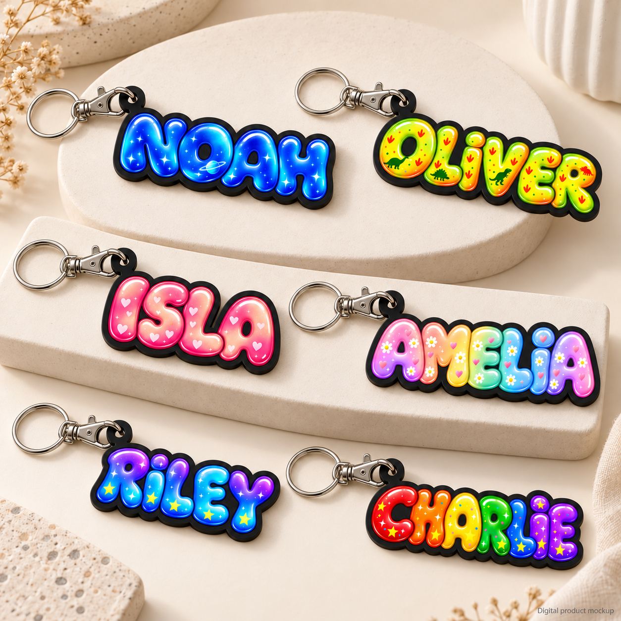 Digital studio mockup of six bubble name keyrings on cream plinths: NOAH, OLIVER, ISLA, AMELIA, RILEY and CHARLIE. Each has a black base, a lobster-clasp jaw through its tab and a round split ring at the swivel end.