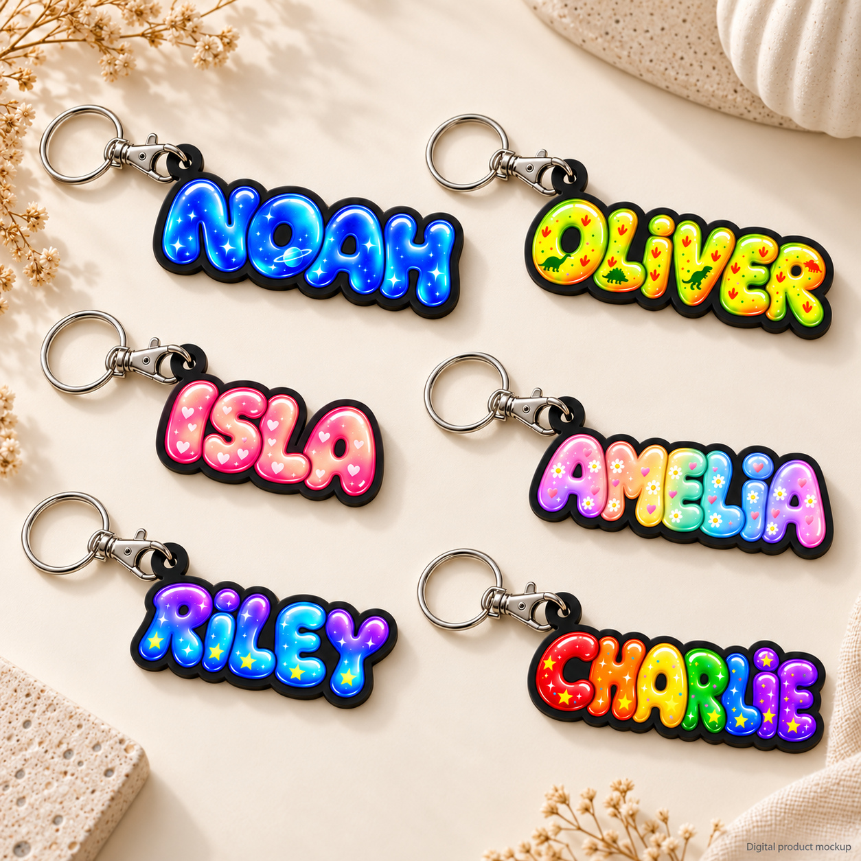 Digital mockup of six bubble name keyrings on cream: NOAH in blue, OLIVER in green, ISLA in pink, AMELIA in pastels, RILEY in purple and cyan, and CHARLIE in rainbow colours. Each has a black base, lobster clasp and round split ring.