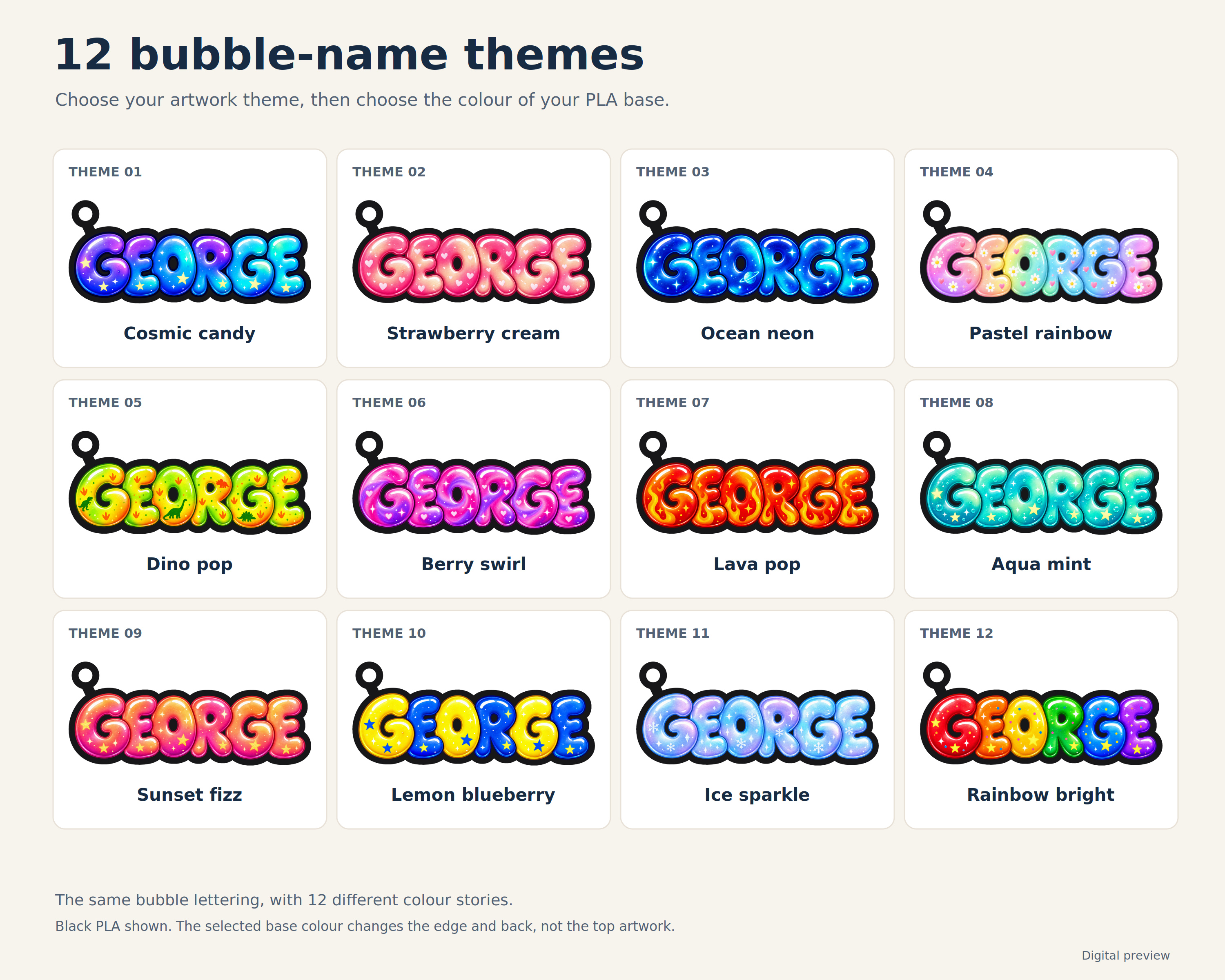 Digital preview. Twelve bubble-name artwork themes shown on black PLA: Cosmic candy, Strawberry cream, Ocean neon, Pastel rainbow, Dino pop, Berry swirl, Lava pop, Aqua mint, Sunset fizz, Lemon blueberry, Ice sparkle and Rainbow bright.