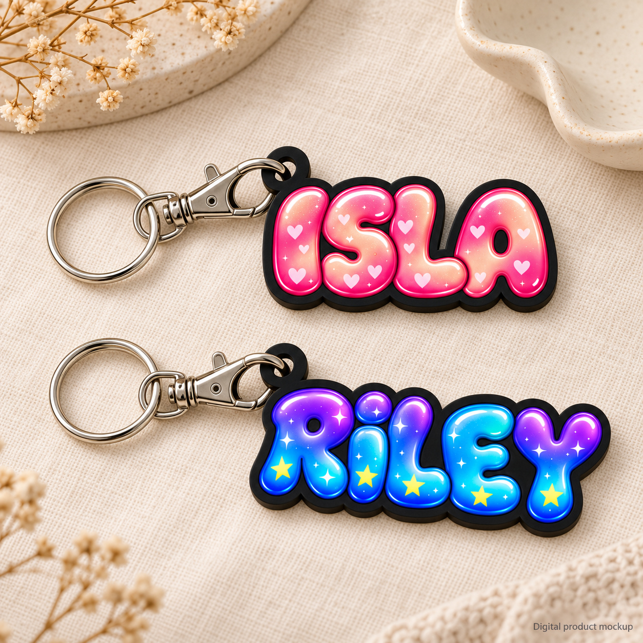 Digital close-up mockup of ISLA in pink heart lettering and RILEY in purple and cyan star lettering on cream linen. Black tabs connect to lobster-clasp jaws, with round split rings at the swivel ends.