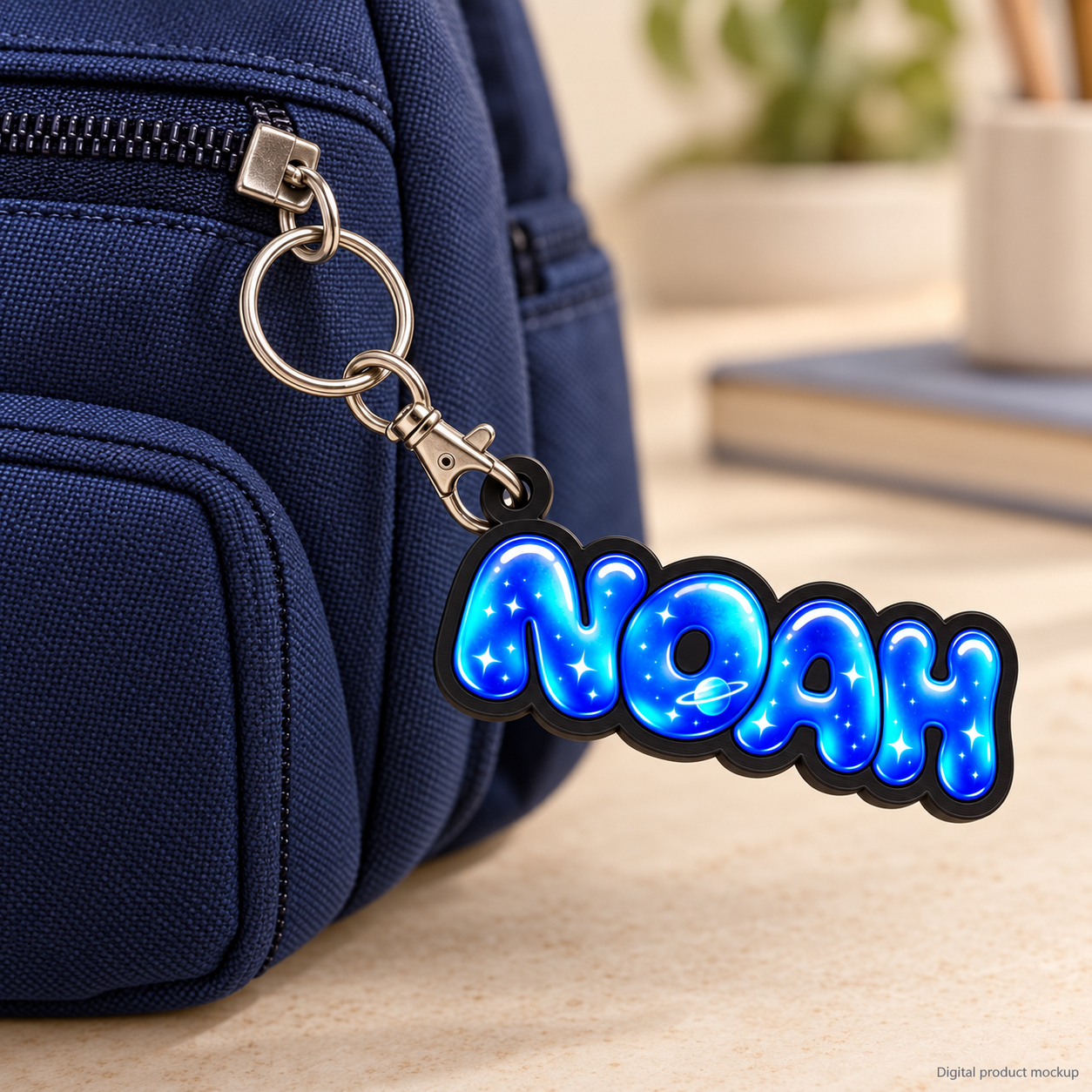Digital mockup of a blue space-themed NOAH bubble name keyring hanging from a navy backpack zip. A lobster-clasp jaw passes through its black tab, with a round split ring connecting the swivel end to the zip.