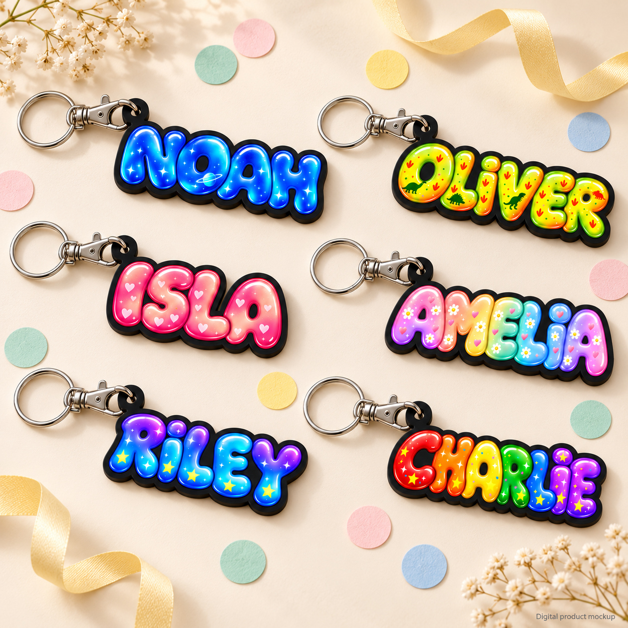 Digital party mockup of six black-base bubble keyrings named NOAH, OLIVER, ISLA, AMELIA, RILEY and CHARLIE beside pastel confetti and yellow ribbon. Each has a lobster clasp and round split ring. Individual options are shown.