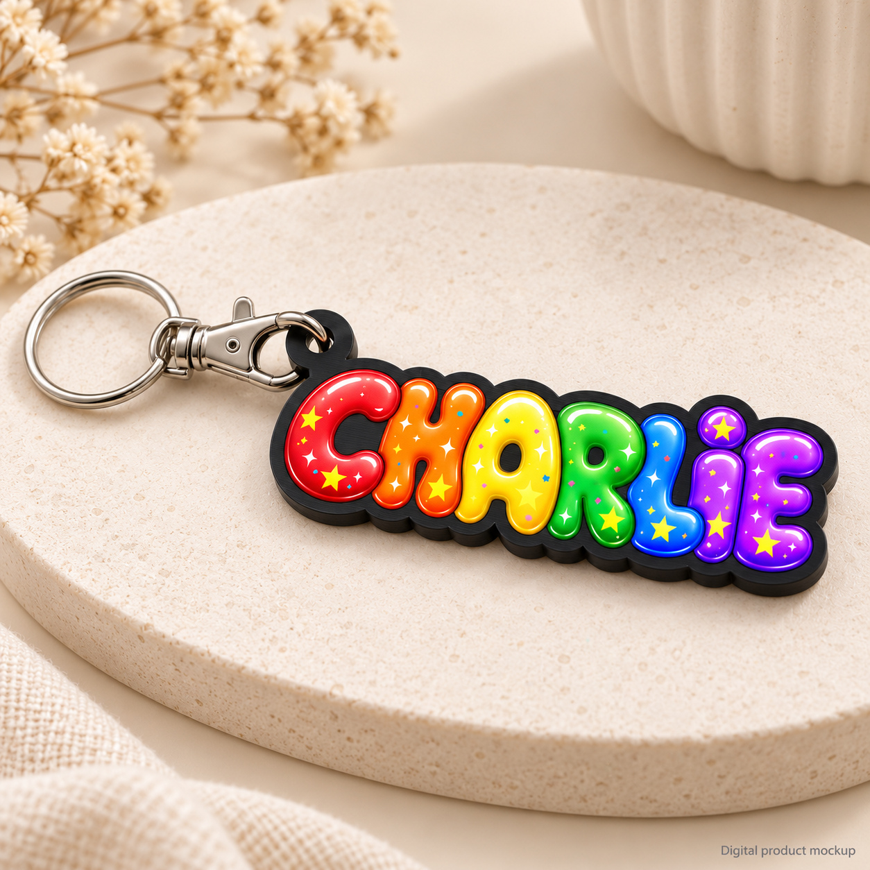 Digital close-up mockup of CHARLIE in rainbow bubble lettering on a black PLA-style base on cream stone. A lobster-clasp jaw passes through the tab, with a round split ring at the swivel end.