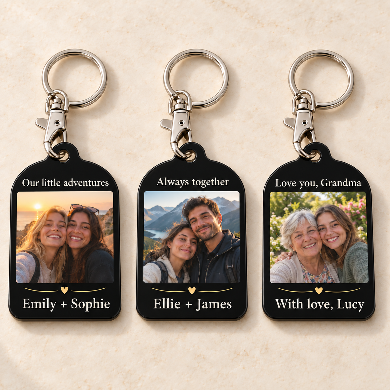 Three photo keyring examples for friends, a couple and Grandma, with custom wording above and below each photo on matching black acrylic tags.