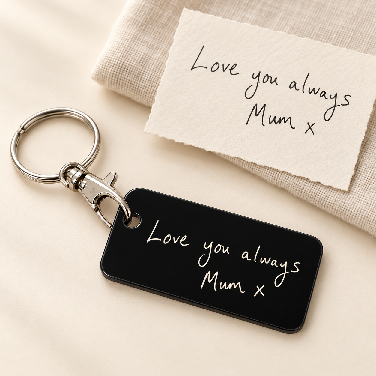 Handwritten Love you always and Mum x paper note beside a matching black acrylic keyring with ivory printing and silver-tone clasp, on cream linen.