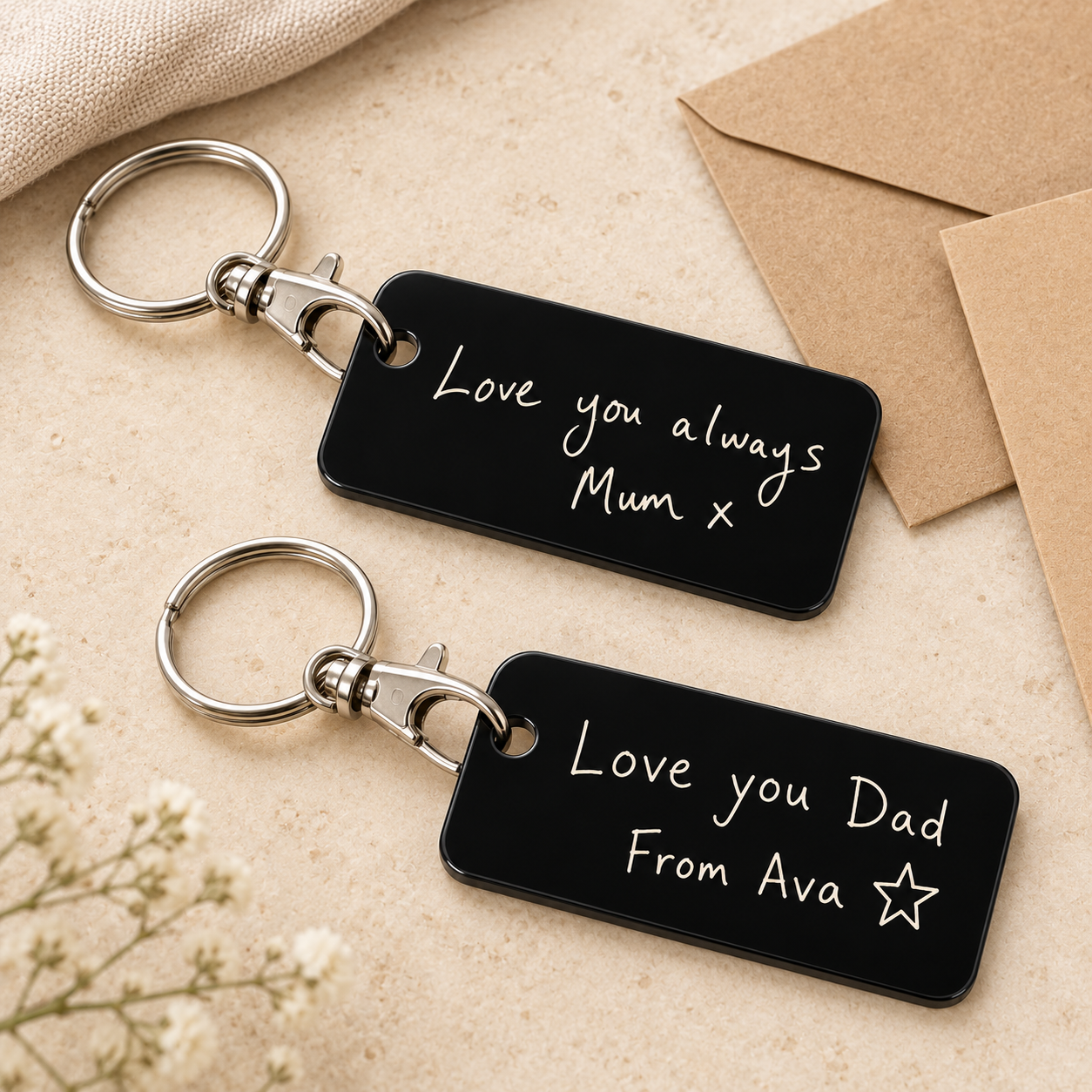 Two black acrylic handwriting keyrings: Love you always, Mum x, and Love you Dad, From Ava with a small star. Both have silver-tone lobster clasps and split rings.