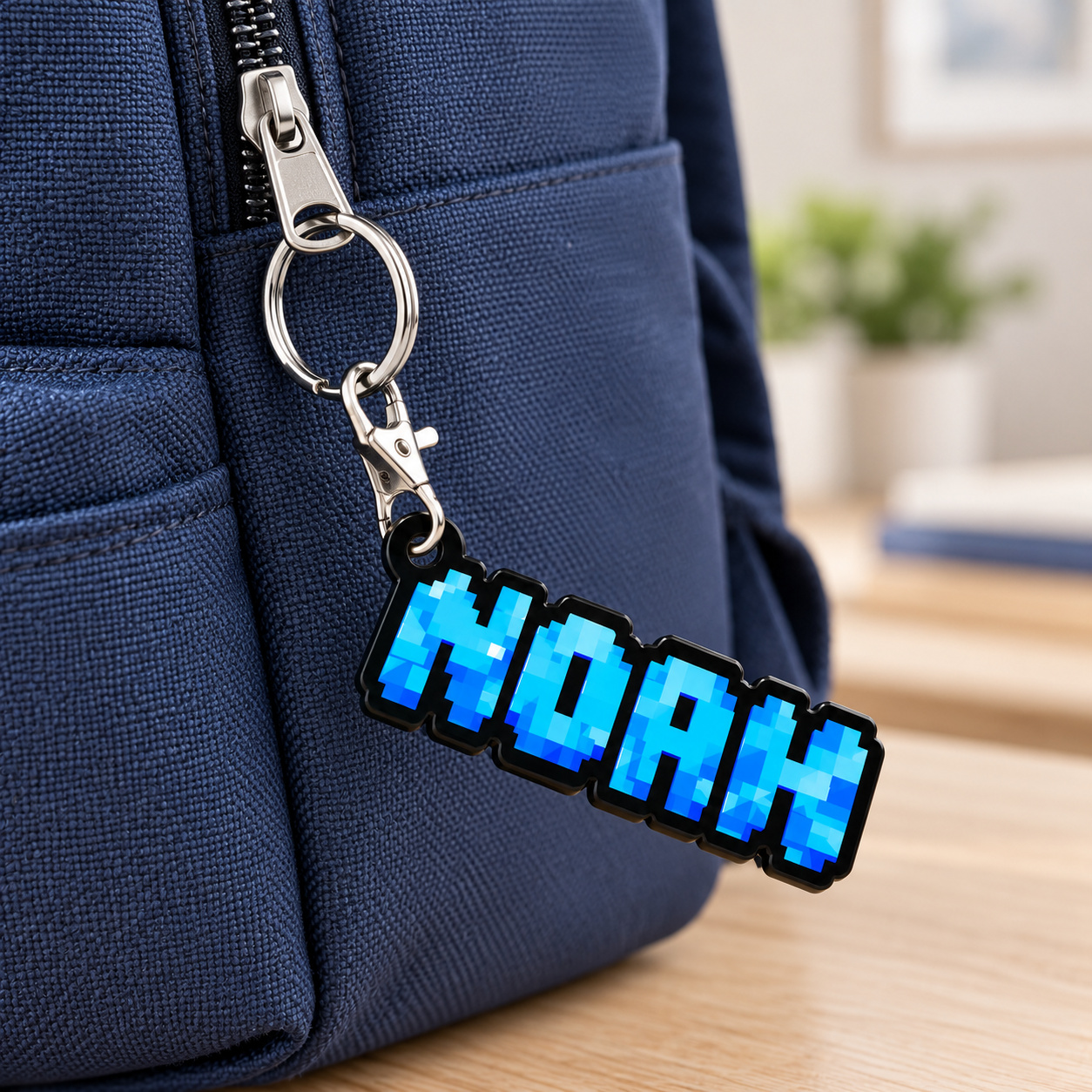 Digital lifestyle mockup of a blue NOAH pixel-name keyring on a navy backpack zip, with a black acrylic name outline and inward lobster clasp linked to a round split ring.