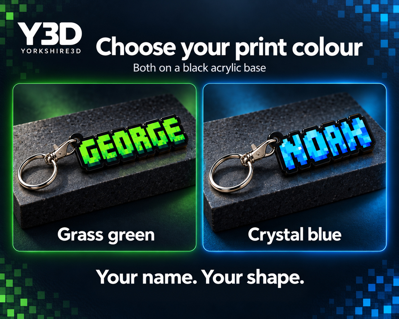 Y3D print colour guide showing GEORGE in Grass green and NOAH in Crystal blue on name-shaped black acrylic keyrings, with silver lobster clasps and split rings.